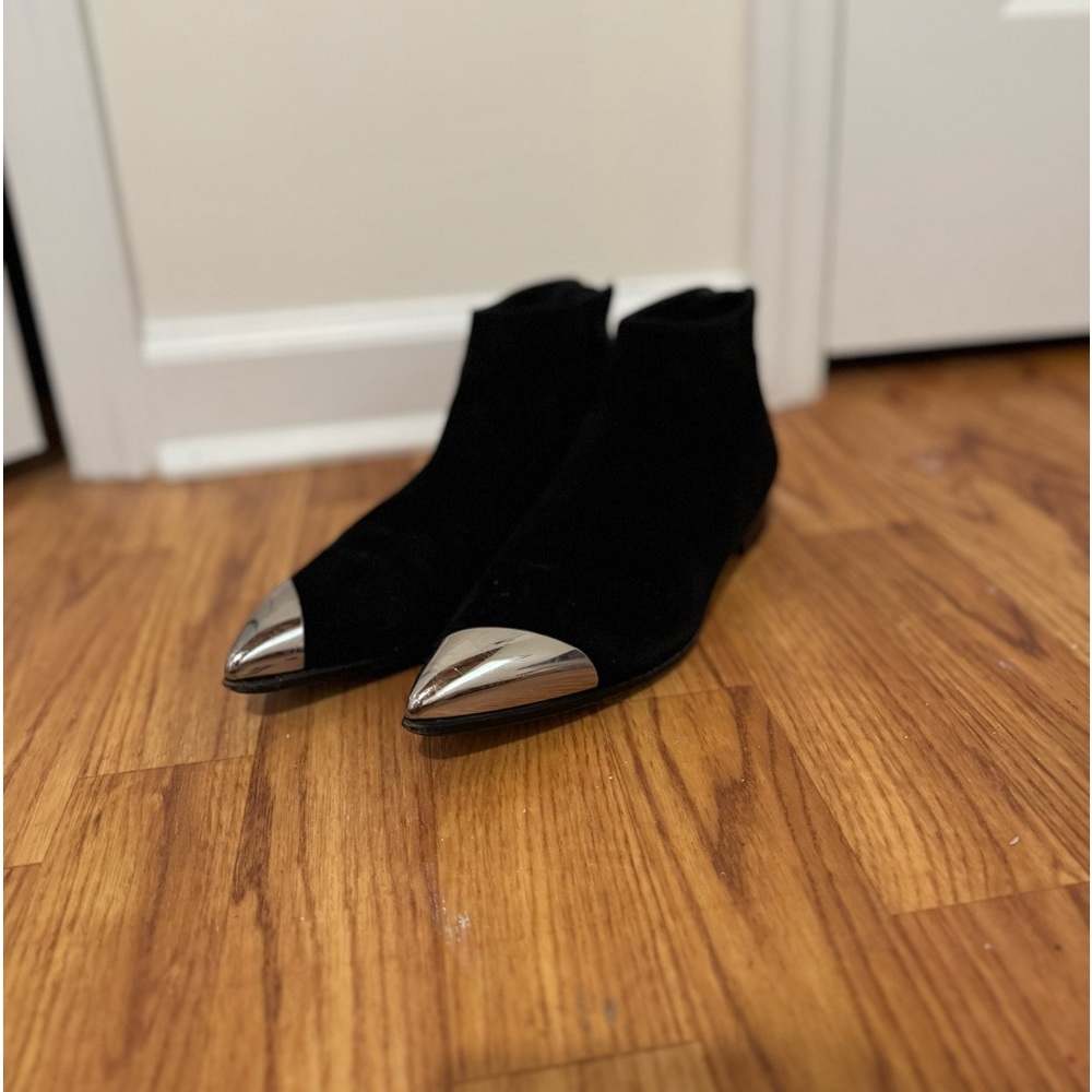 MIU MIU suede metal cap toe pointy booties with back zipper.
